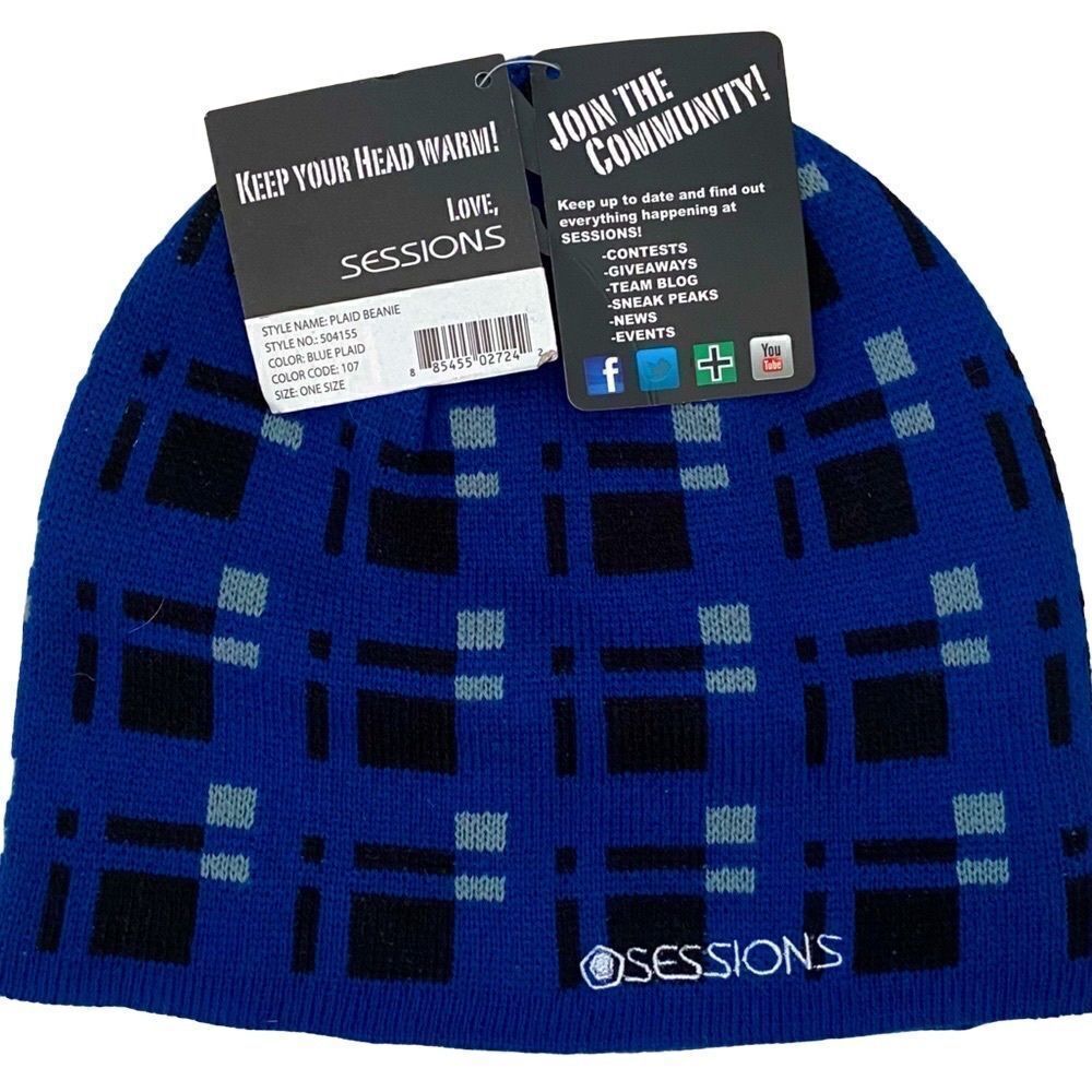 🧢SESSIONS BLUE & BLACK CHECK BEANIE/HAT. NEW WITH TAGS!